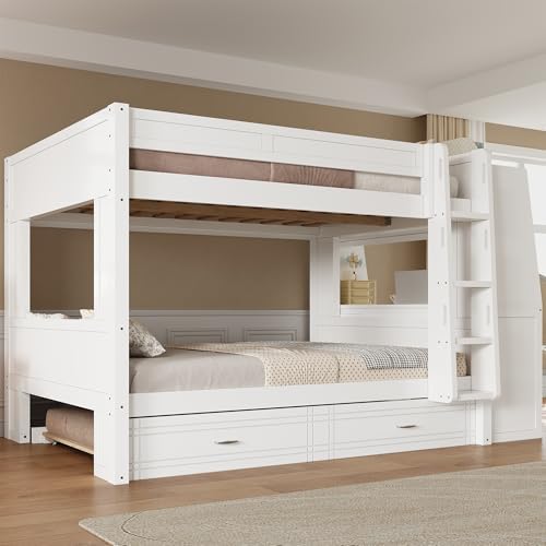 Full Over Full Multifunctional Bunk Bed with Desk White