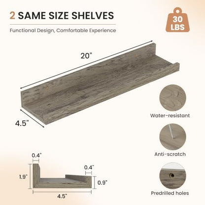 Dreamland Picture Ledge Shelf for Wall, Floating Shelves Set of 2,20 inch Long Floating Shelves with Lip for Living Room,Bedroom,Bathroom,Kitchen,Grey