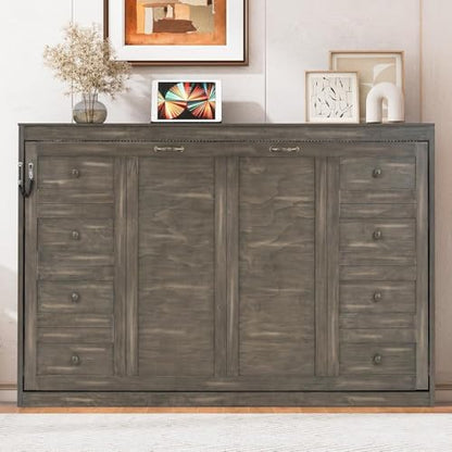 MERITLINE Queen Horizontal Murphy Bed with LED Lighting,Solid Wood Folding Farmhouse Murphy Wall Bed Cabinet for Adults, Space-Saving Hideaway (Brown,Queen)