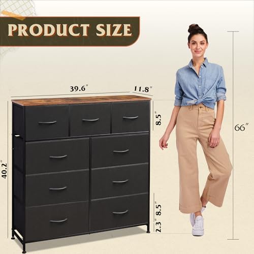 WLIVE Tall Dresser for Bedroom, 9 Drawer Dresser, Black and Rustic Brown