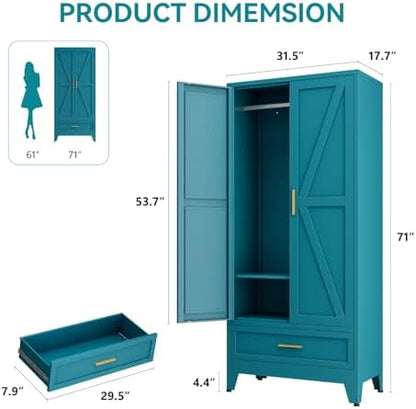 71" Metal Armoire Wardrobe Closet with Hanging Rod, Blue-X 1 Drawer