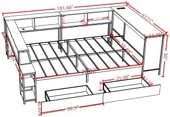 Bellemave Queen Corner Bed Frame with Desk and Storage, Queen Size Captains Bed with Charging Station and LED Light, Wood Daybeds with L-Shaped Bookcase and 2 Drawers, White