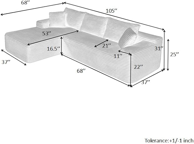 105-Inch L-Shaped Left Facing Corner Compressed Sofa Modular Sectional Boneless Cloud Sofa Floor Foam Couch with Chaise Lounge, Corduroy Corner Boneless Cloud Couch