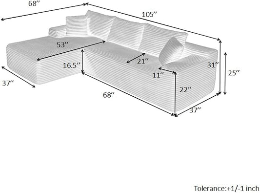105-Inch L-Shaped Left Facing Corner Compressed Sofa Modular Sectional Boneless Cloud Sofa Floor Foam Couch with Chaise Lounge, Corduroy Corner Boneless Cloud Couch