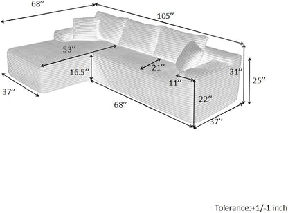105-Inch L-Shaped Left Facing Corner Compressed Sofa Modular Sectional Boneless Cloud Sofa Floor Foam Couch with Chaise Lounge, Corduroy Corner Boneless Cloud Couch