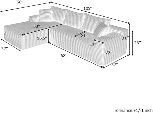105-Inch L-Shaped Left Facing Corner Compressed Sofa Modular Sectional Boneless Cloud Sofa Floor Foam Couch with Chaise Lounge, Corduroy Corner Boneless Cloud Couch