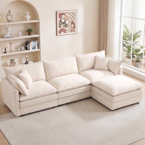 ZEIINPA L Shaped Modular Sectional Sofa, 102" Comfy Upholstery Chenille Deep Seat Cloud Couch with Ottoman, Modern 4-Seat Couches for Living Room, Bedroom, Apartment, Beige White