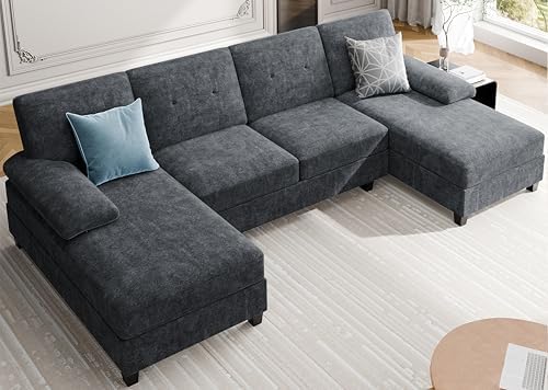 Sectional Couches for Living Room, U Shaped Couch 4 Seat Sectional Sofa with Chaise and Armrests, Comfortable Fabric Sofa for Apartment (Grey)