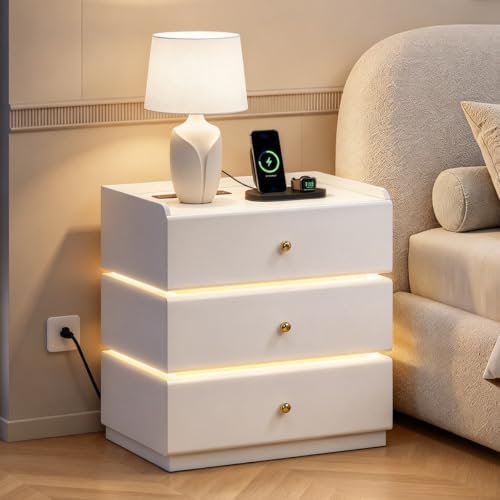 WLIVE White Nightstand with Charging Station, 3 Drawers Nightstand with LED