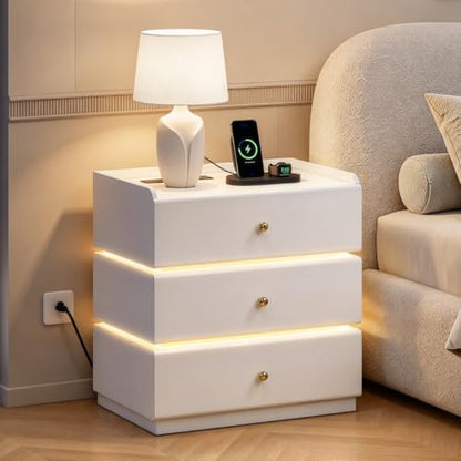 WLIVE White Nightstand with Charging Station, 3 Drawers Nightstand with LED
