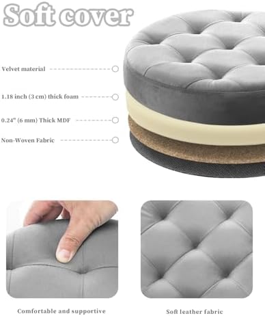 Bsketa Round Storage Ottoman, 14" Folding Velvet Foot Stool Rest,Grey