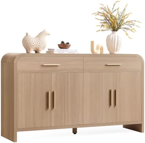 59" Sideboard Buffet Cabinet with Storage, 4 Doors Wood Cabinet Natural Oak