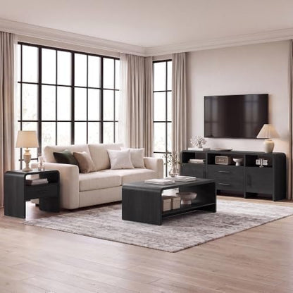 48" Coffee Table with Open Storage Shelf, 2-Tier Minimalist Wooden Coffee Tables with Curved Profile Design, Modern Rectangular Center Table for Living Room, Office, Black Grey