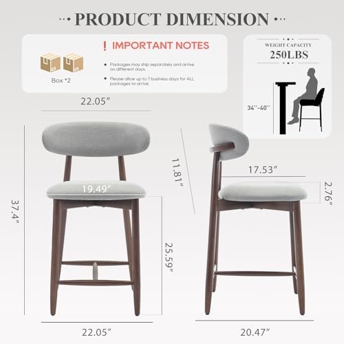 COLAMY Wood Bar Stools Set of 4, Counter Height Bar Stools, Mid Century Modern Stools with Back, 25 Inch Upholstered Wooden for Kitchen Island Dining Room Bar, Light Grey