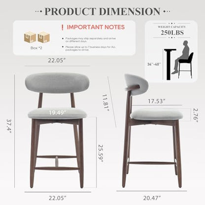 COLAMY Wood Bar Stools Set of 4, Counter Height Bar Stools, Mid Century Modern Stools with Back, 25 Inch Upholstered Wooden for Kitchen Island Dining Room Bar, Light Grey