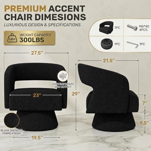 Swivel Accent Chair,Mid-Century Barrel Chair(Black-chenille, Set of 1)