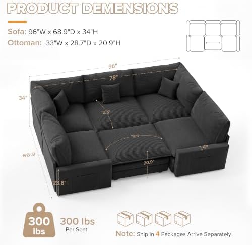 96" Modular Sectional Sofa, Cloud Couch Sectional with 2 Corners & Ottoman
