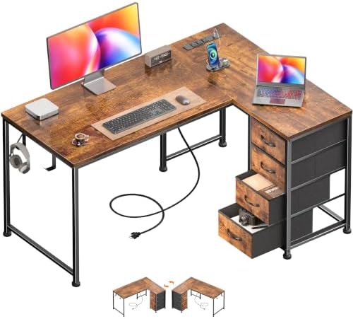 Korfile 43 Inch L Shaped Computer Desk with Power Outlets, Rustic Brown
