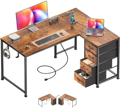 Korfile 43 Inch L Shaped Computer Desk with Power Outlets, Rustic Brown