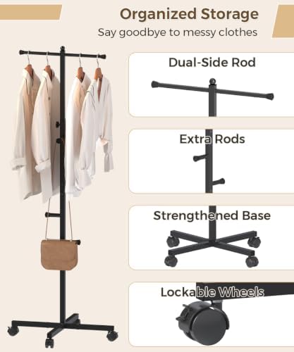 Koutemie 62" T-Shaped Coat Rack Hanger Stand Freestanding with Wheel, Black