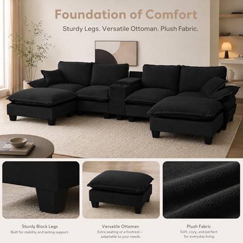143.3" Oversized Sectional Couches with Cup Holder & USB Port, 4 Seat U-Shape Boneless Couch with 2 Ottomans & Pillows, Chenille Modern Cloud Black Sofa for Living Room, Apartment