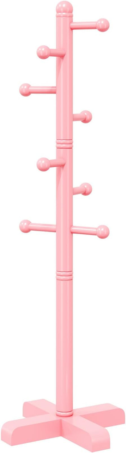 Coat Rack, Freestanding Coat Racks with 8 Hooks 2 Adjustable Height, Tree Coat Rack for Bedroom, Hallway, Entrance, Office, Hats, Handbags,Purse (Pink)