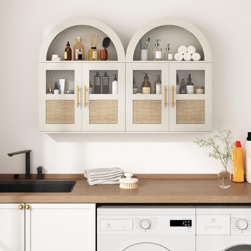 RUSTOWN Arched Bathroom Wall Cabinet with 2 Glass & Rattan Doors