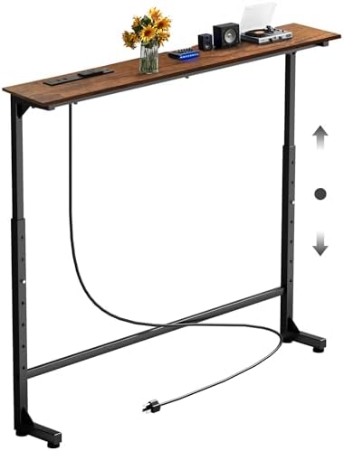 Keelian 35 inch Narrow Console Table,Adjustable Height Behind Sofa Table,Couch Behind Table Skinny,Couch Shelf with Charging Station,Long Entryway Tables for Living Room,Brown