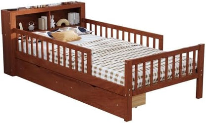 Bellemave Kids Twin Bed Frame with Fences, 2 Drawers & Storage Headboard, Twin Size Platform Bed with 3-Side Guardrails for Kids, Girls & Boys, Walnut