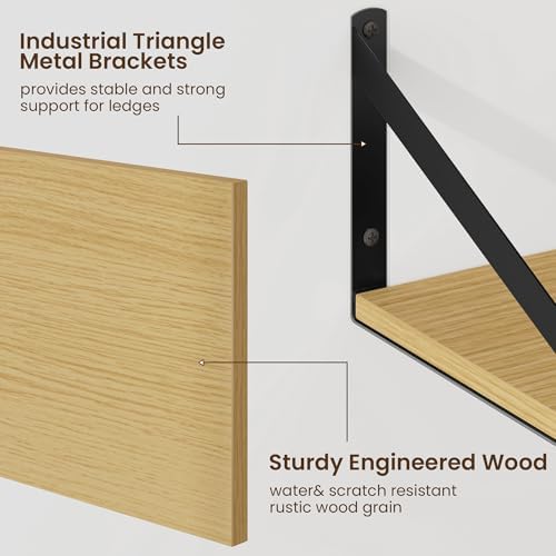 Floating Shelves for Wall, 12 Inch Deep Floating Shelves Set of 2, 48W x 12D Large Wall Shelf with Sturdy Metal Brackets for Living Room, Bathroom, Bedroom and Kitchen, Oak