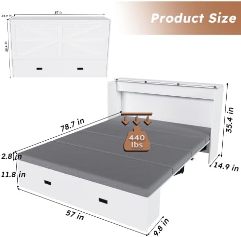 Bellemave Full Murphy Bed with Mattresses and Charging Stations and Storage Drawer, Farmhouse Murphy Cabinet Bed with Foldable Panel, Noisy Free, for Guest Bedroom, Living Room, White