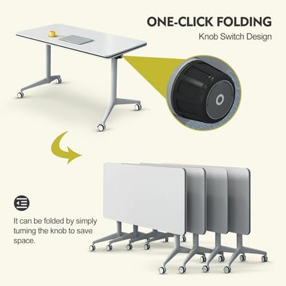 Folding Conference Table Modern Large Mobile Meeting Table Rolling Conference Room Tables with Wheels Seminar Tables for Office Training Classroom (6, White, 55" D X 23.6" W X 29.5" H)