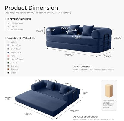 79" Convertible Futon Sofa Bed, Boneless Couch for Living Room | Blue