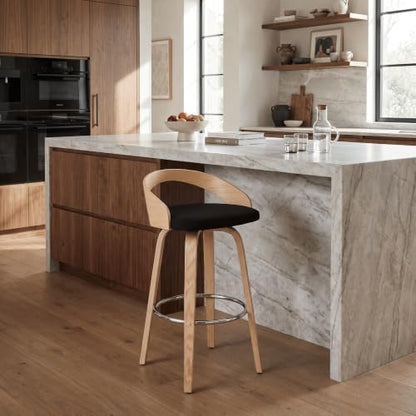 Armen Living Sonia Modern Swivel Bar Height Stool with Black Upholstered Seat and Patterned Oak Wood Finish Set of 3