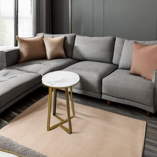 Dorriss Round End Tables, Small Side Table White Marble Texture MDF Top,Metal Frame Gold Color, Tall End Table for Bed Room,Coffee Tea End Table for Living Room (White Marble+Gold)