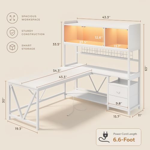 L Shaped Gaming Desk with Drawers, Corner Computer Desk with LED Tempered Glass Display Cabinet, Shaped L Office Desk with Charging Station and Fabric Drawer, PC Desk for Gaming and Office, White