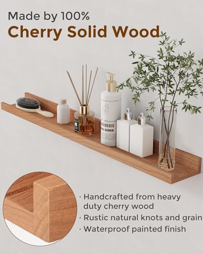 Cherry Picture Ledge Shelf, 55 Inch Floating Shelves Set of 2, Solid Wood Wall Shelves with Lip, Wall Decor Storage for Bedroom Living Room Bathroom Kitchen Nursery Photo, Natural Cherry