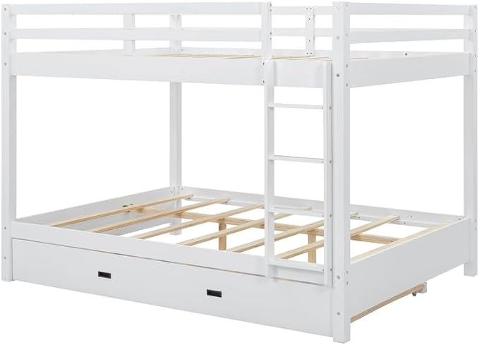 Merax Queen Size Bed with Trundle - Space-Saving Solid Wood Frame, Built-in Safety Rails and Ladderm, White