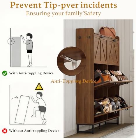 Shoe Cabinet Storage for Entryway, Shoe Storage Cabinet with 6 Flip Drawers, Freestanding Narrow Shoe Rack Organizer with Metal Legs, Adjustable Shelves & Open Storage for Foyer, Hallway, Walnut