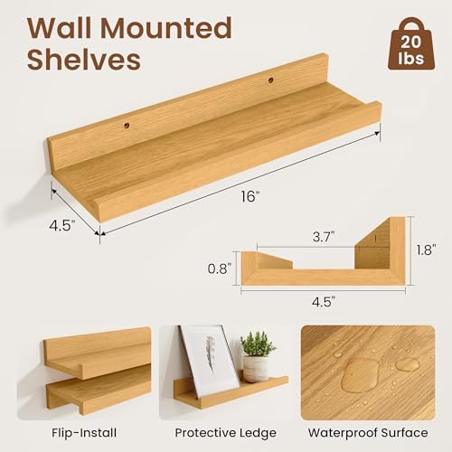 Heimlove Picture Ledge Shelf, Small Floating Shelves Set of 2, 16 Inches Picture Shelf for Wall with Ledge, Kids Bookshelf Wall Mounted for Living Room Bedroom Decor，Oak Color
