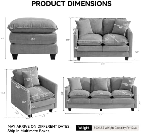 Cloud 3 Pieces Sofa Set, 1+1+3 Seater Couch, Modern Sofas Sets with Deep Seat, Modular Sectional Couches Sets for Living Room, Bedroom, Small Apartment, Light Grey