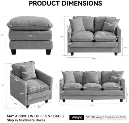 Cloud 3 Pieces Sofa Set, 1+1+3 Seater Couch, Modern Sofas Sets with Deep Seat, Modular Sectional Couches Sets for Living Room, Bedroom, Small Apartment, Light Grey