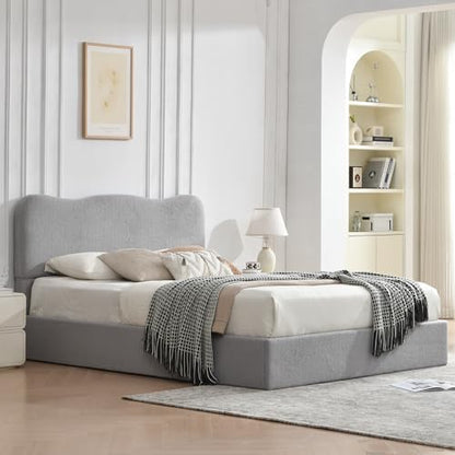 VELOCAVA Full Size Lift-Up Storage Bed, Modern Upholstered Boucle Bed with Curved Headboard, Gas Lift Platform, Sturdy Wooden Slat Support, No Box Spring Needed, Easy Assembly, Light Gray