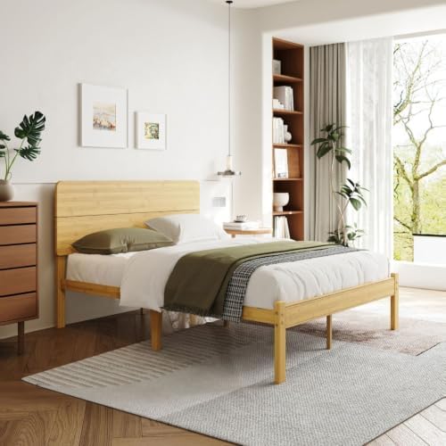 18 Inch Solid Bamboo Wood Full Size Bed Frame with Headboard, Platform Bed Frame Full with Metal Slats, No Box Spring Needed, Easy Assembly, Noise-Free, Natural