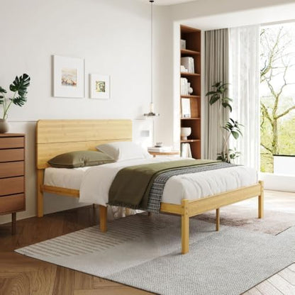 18 Inch Solid Bamboo Wood Full Size Bed Frame with Headboard, Platform Bed Frame Full with Metal Slats, No Box Spring Needed, Easy Assembly, Noise-Free, Natural