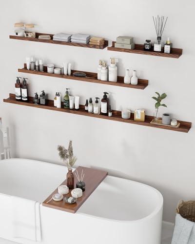 Oak Picture Ledge Shelf, 36 Inch Floating Shelves Set of 2, Solid Oak Wood Wall Shelves with Lip, Wall Decor Storage for Bedroom Living Room Bathroom Kitchen Nursery Photo Picture, Walnut