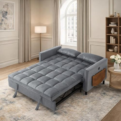 4 in 1 Convertible Sofa Bed, Pull Out Couch with Adjustable Backrest, Loveseat Sleeper Sofa Bed with USB Ports and Side Table, Couch Beds for Living Room, Bedroom, Apartment, Gray