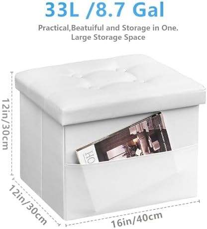 AmasSmile Ottoman with Storage,16" Folding Leather Foot Rest Chest,White