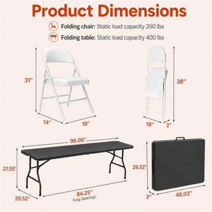 8FT Black Plastic Folding Table Set with 10 White PU Padded Chairs