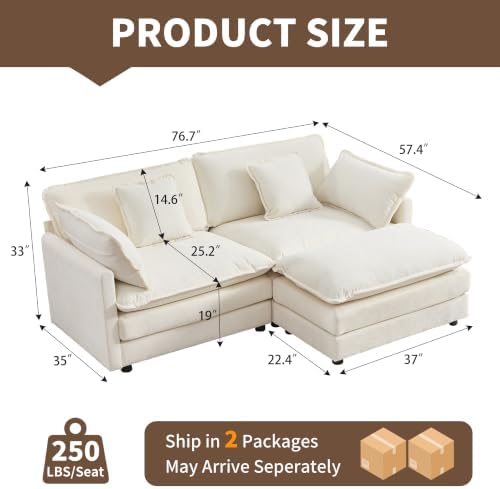 Tmsan 76.7" Beige White Cloud Couch, Small L Shape Sectional Sofa, 2 Seater
